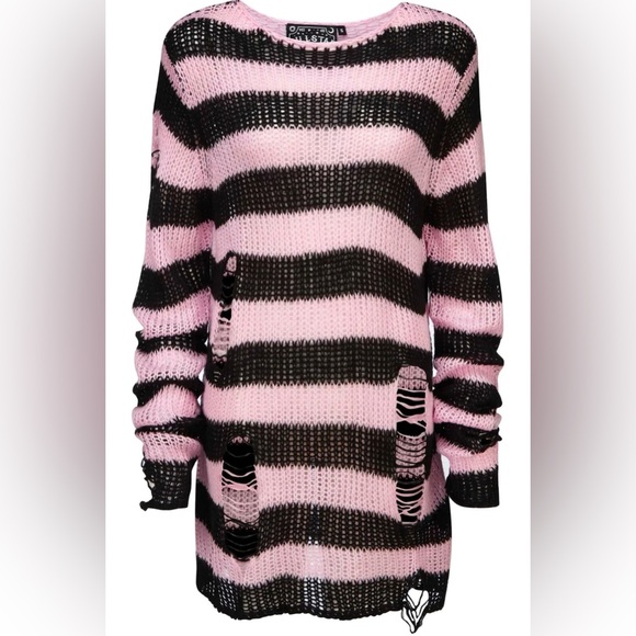 Killstar Size Large Bad Blossoms Knit Sweater Pink And Black Distressed Gothic - Picture 3 of 16